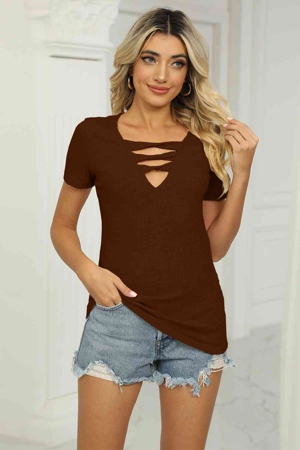 Twisted V-Neck T-Shirt Wine Women's T-Shirts - Tophatter Daily Deals