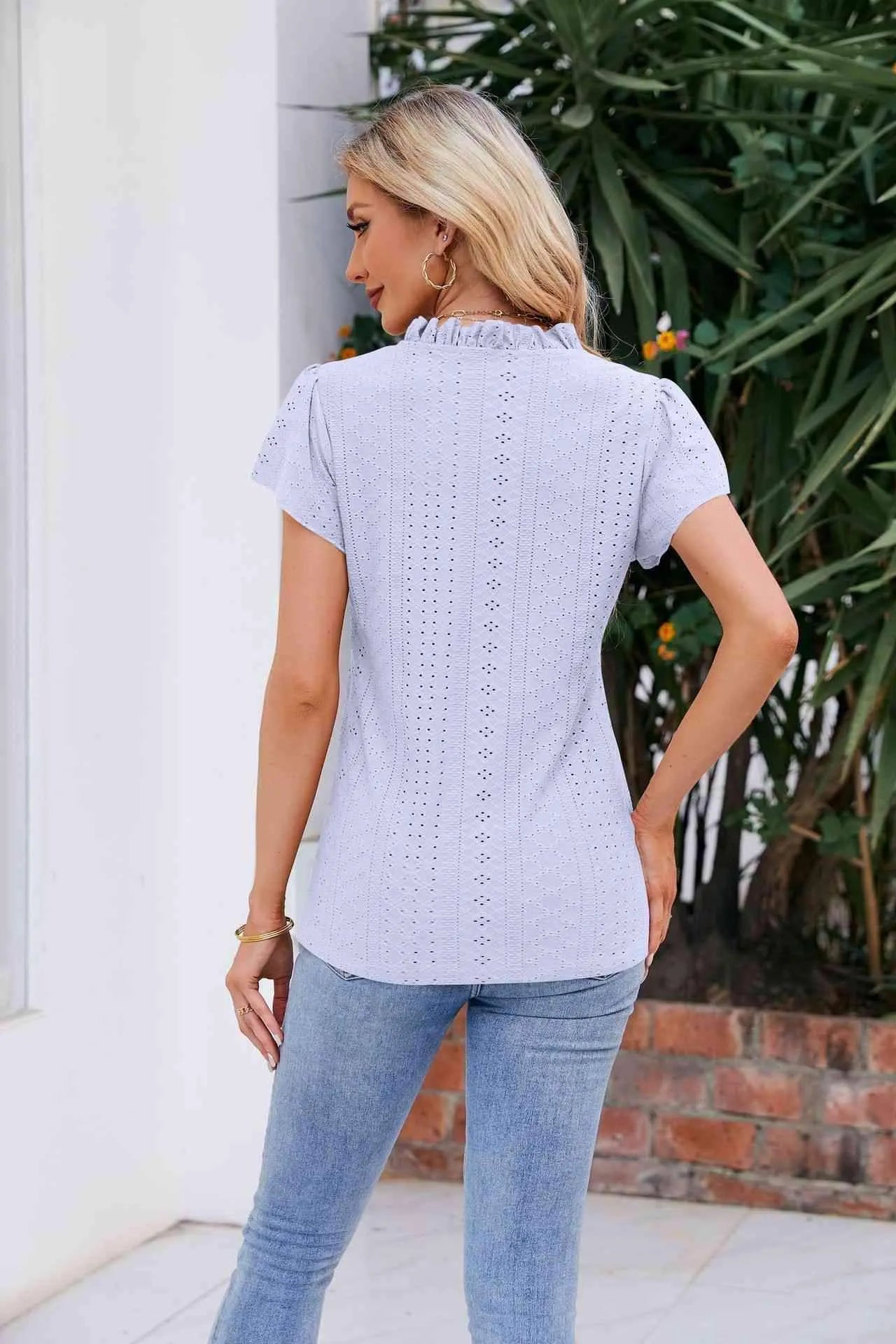 Notched Neck Puff Sleeve Blouse Blouses - Tophatter Daily Deals