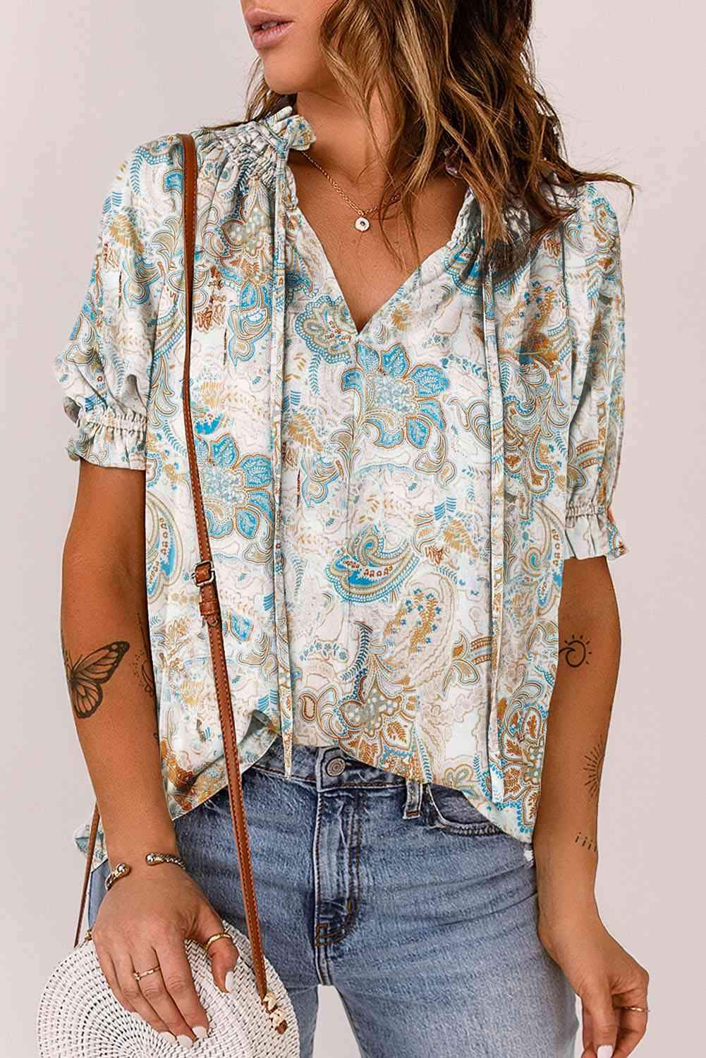 Printed Tie Neck Flounce Sleeve Top Multicolor Blouses - Tophatter Daily Deals