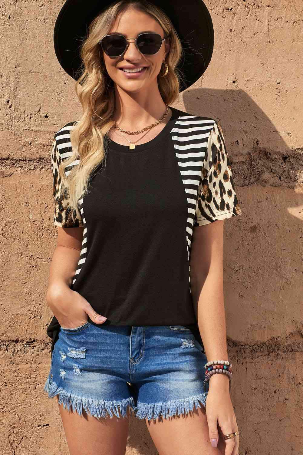 Mixed Print Color Block Tee Shirt Women's T-Shirts - Tophatter Daily Deals