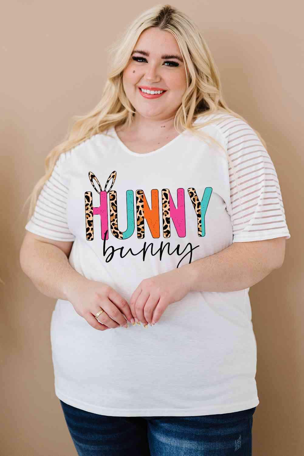 Plus Size HUNNY BUNNY Graphic Striped Tee White Women's T-Shirts - Tophatter Daily Deals