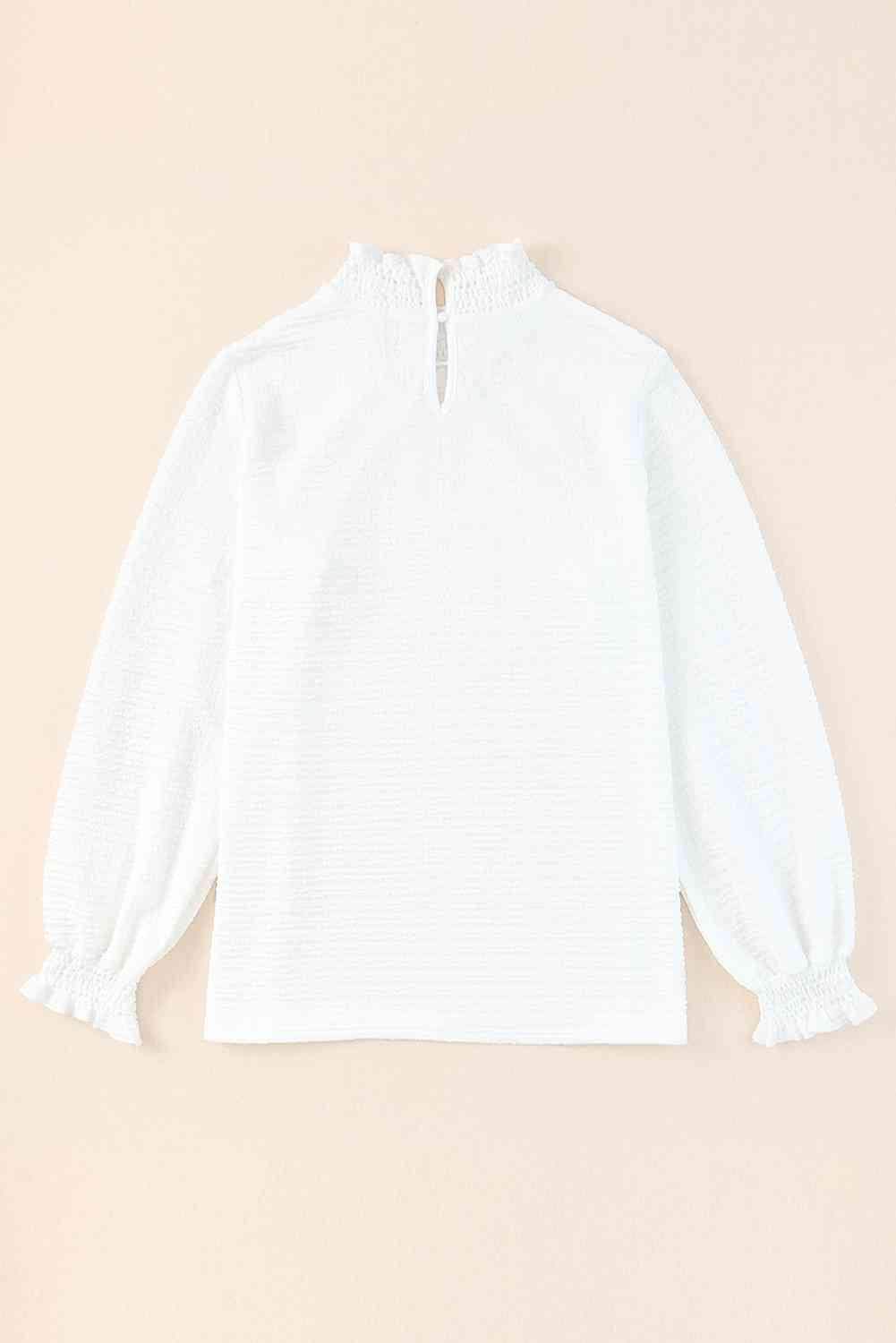 Frill Trim Balloon Sleeve Textured Blouse Blouses - Tophatter Daily Deals