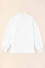 Frill Trim Balloon Sleeve Textured Blouse Blouses - Tophatter Daily Deals
