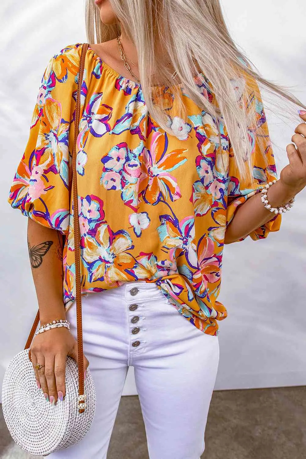 Floral Puff Sleeve Boat Neck Blouse Orange M Blouses - Tophatter Daily Deals