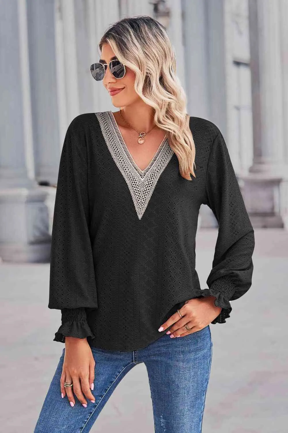 Contrast V-Neck Flounce Sleeve Top Blouses - Tophatter Daily Deals