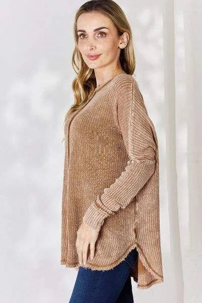 Zenana Oversized Washed Waffle Long Sleeve Top Blouses - Tophatter Daily Deals