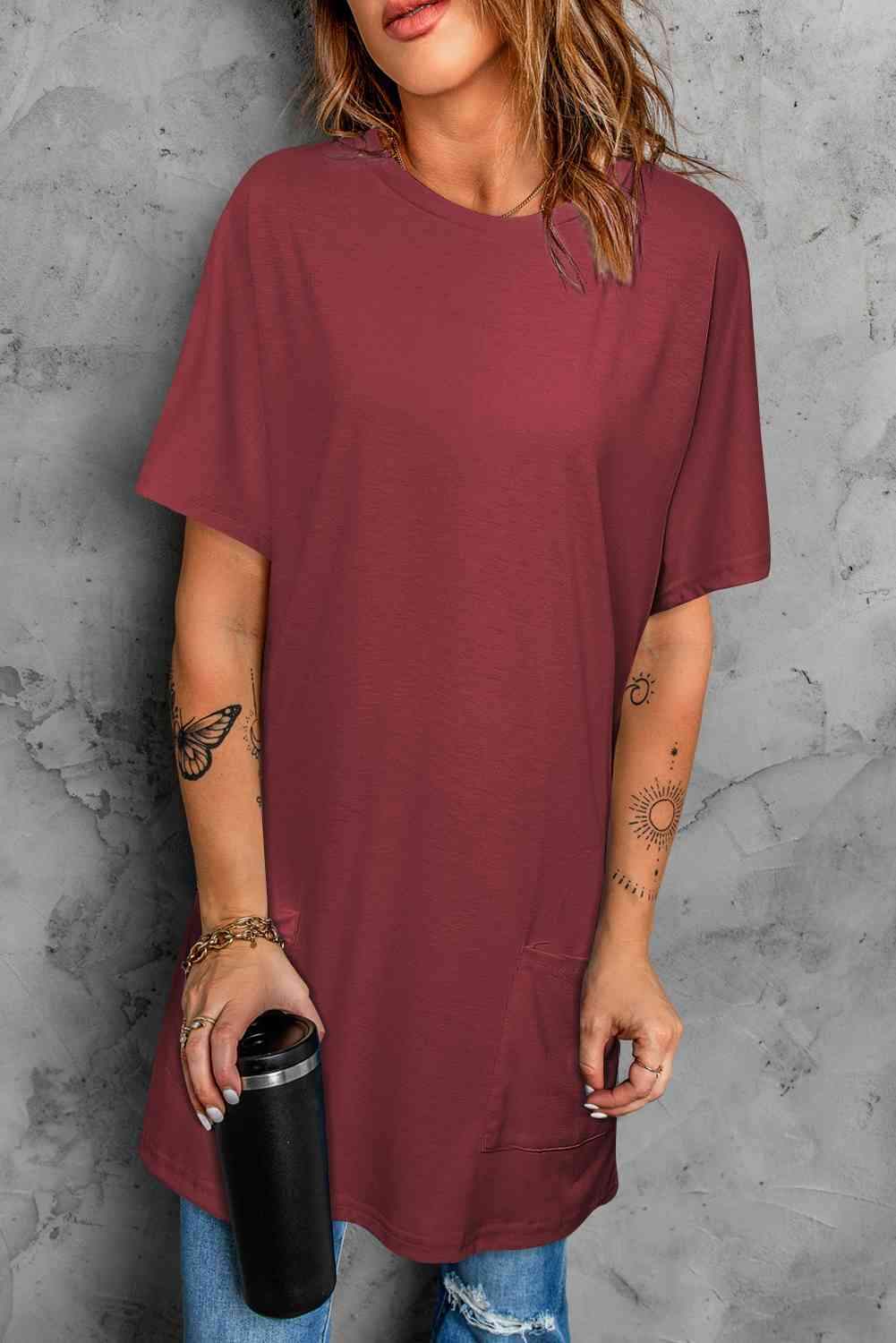 Round Neck Short Sleeve Tunic Tee Wine Women's T-Shirts - Tophatter Daily Deals