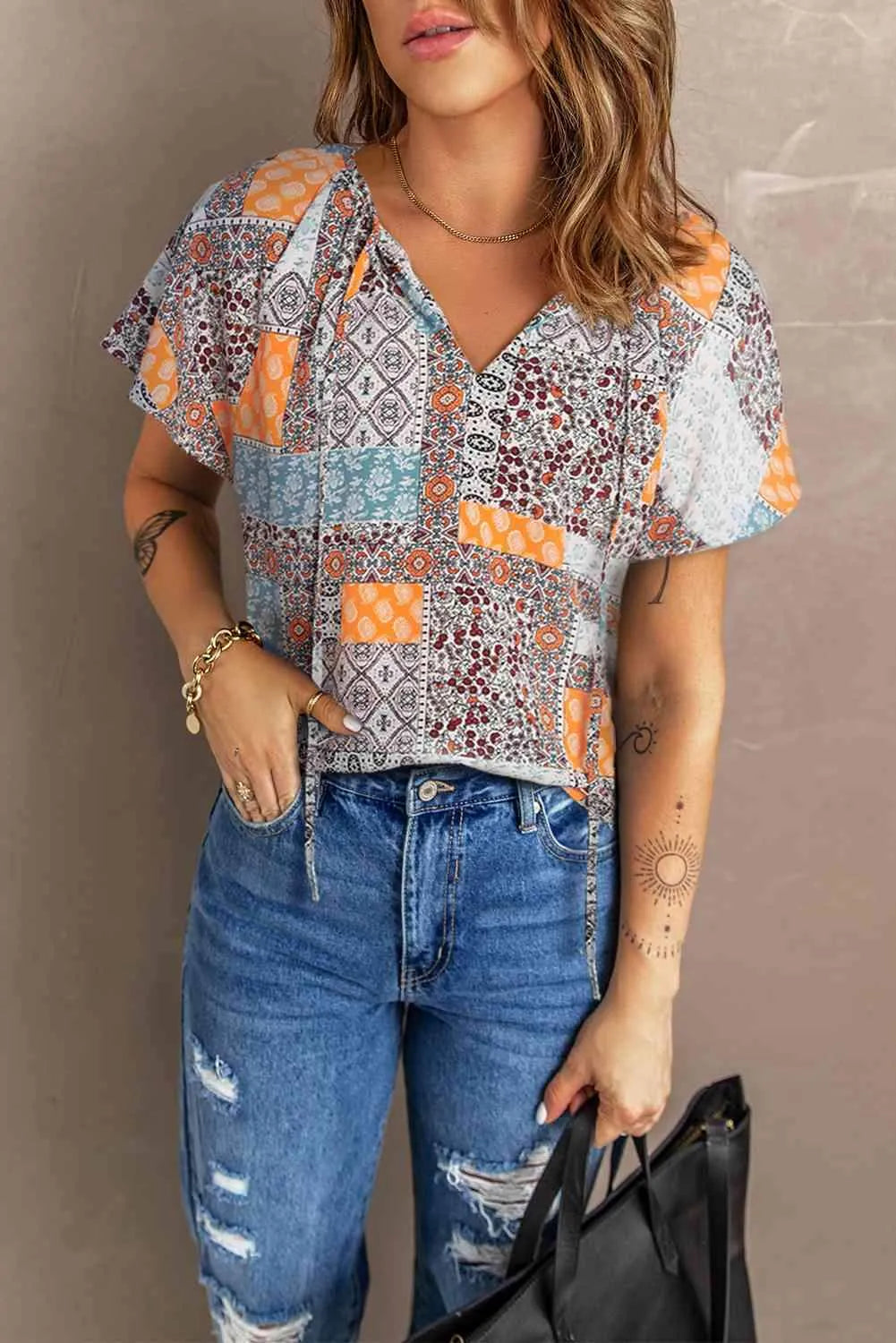 Printed Tie Neck Curved Hem Top Multicolor Blouses - Tophatter Daily Deals