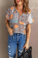 Printed Tie Neck Curved Hem Top Multicolor Blouses - Tophatter Daily Deals