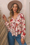 Floral V-Neck Drawstring Peplum Blouse Multicolor Blouses - Tophatter Daily Deals