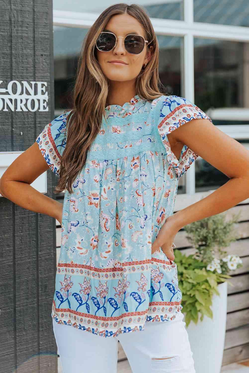 Floral Flutter Sleeve Sleeveless Blouse Blouses - Tophatter Daily Deals