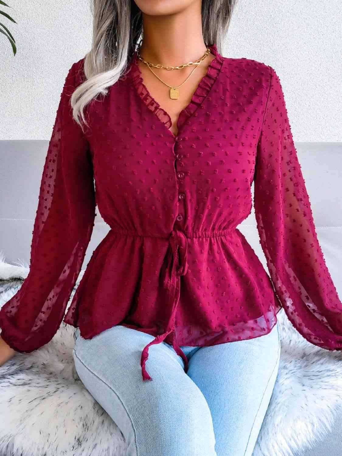 Swiss Dot Frill Trim Drawstring Waist Peplum Blouse Blouses - Tophatter Daily Deals