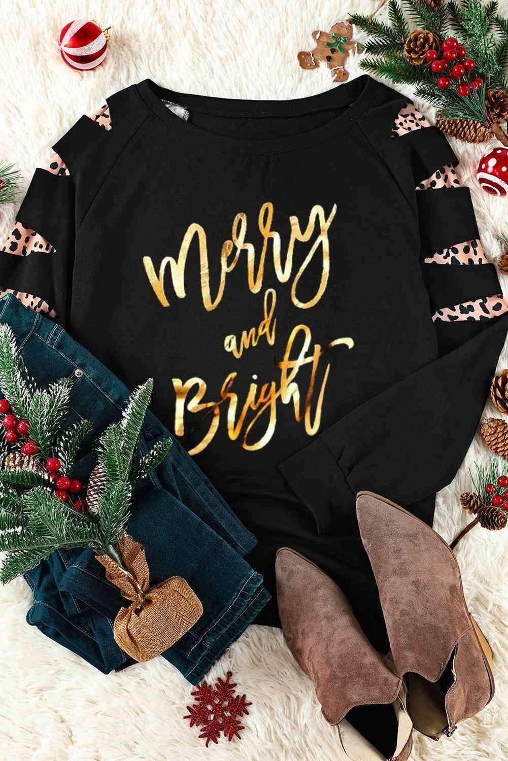 MERRY AND BRIGHT Graphic Long Sleeve Top Women's T-Shirts - Tophatter Daily Deals