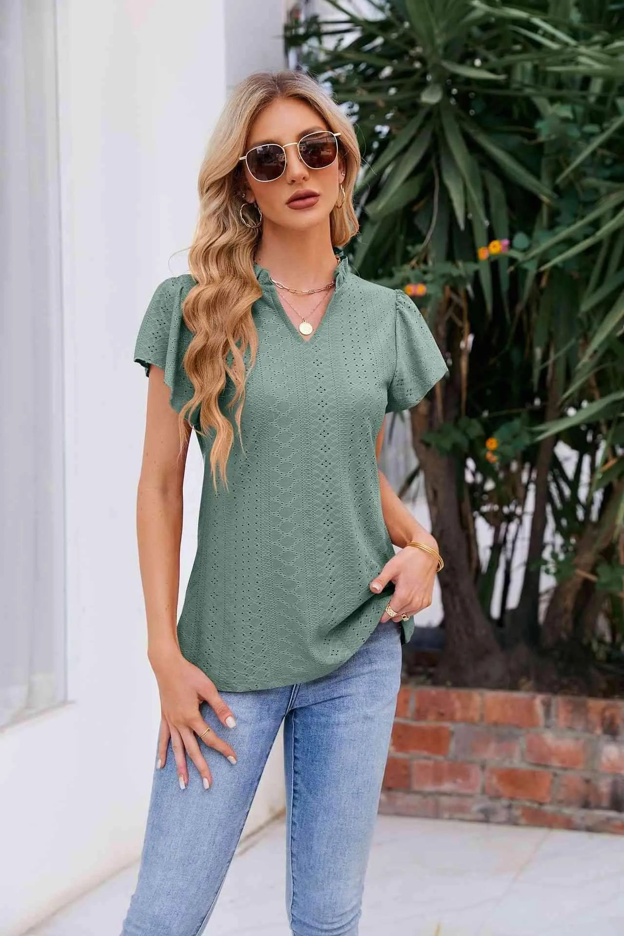 Notched Neck Puff Sleeve Blouse Sage Blouses - Tophatter Daily Deals