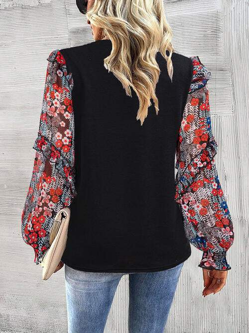 Round Neck Contrasting Color Printed Lantern Sleeve Top Women's T-Shirts - Tophatter Daily Deals