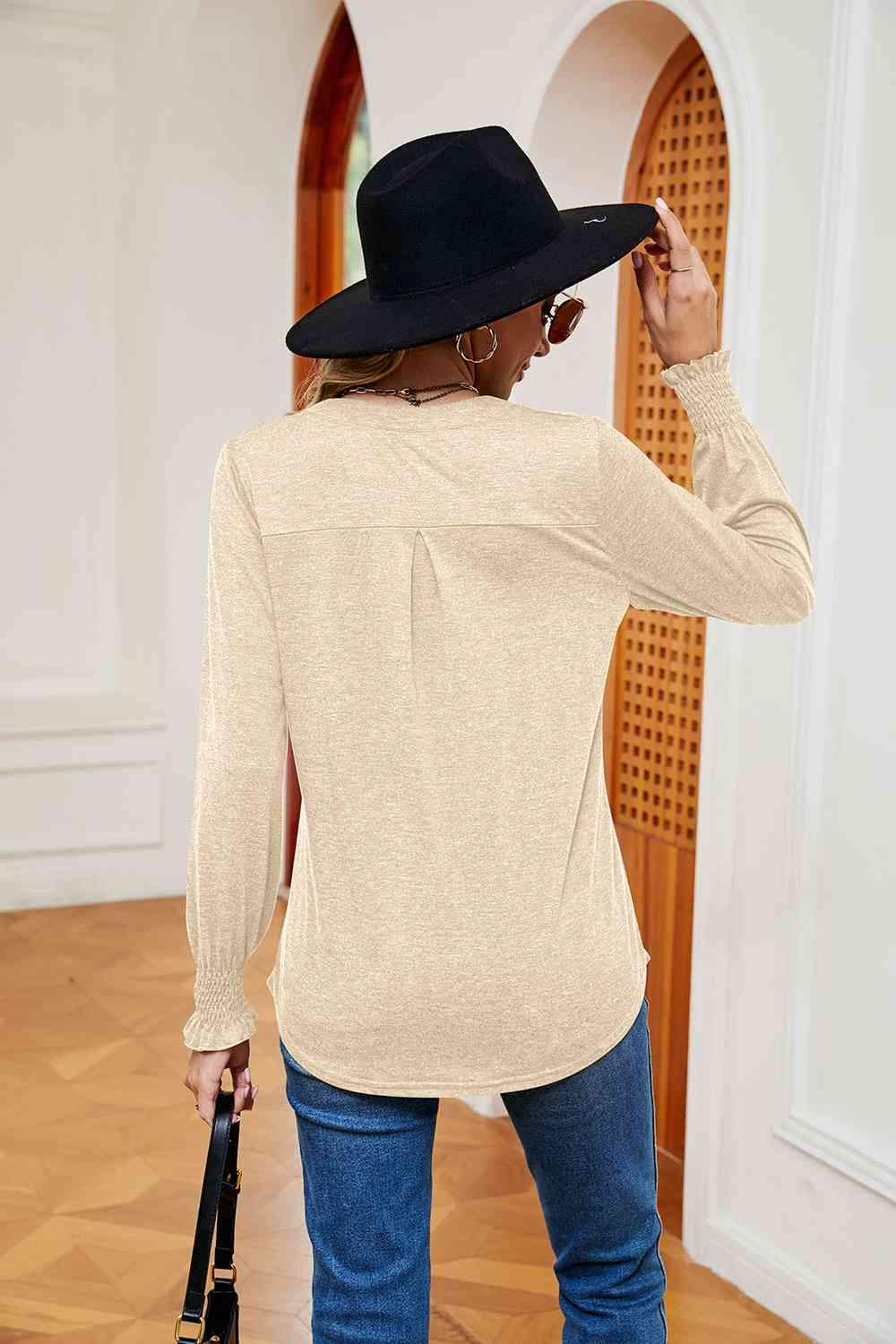 Notched Neck Long Sleeve Blouse Blouses - Tophatter Daily Deals