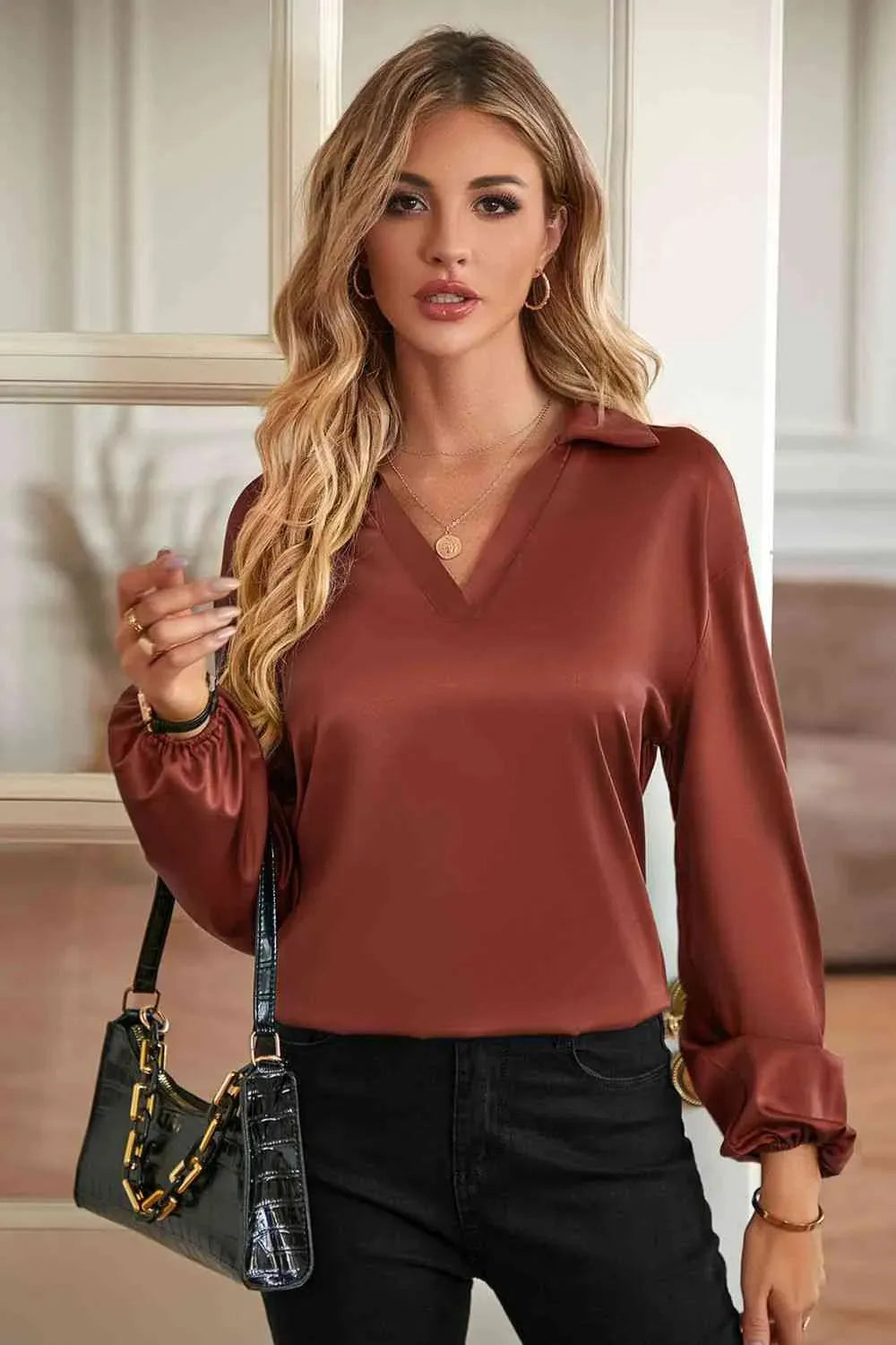 Johnny Collar Lantern Sleeve Blouse Chestnut Blouses - Tophatter Daily Deals