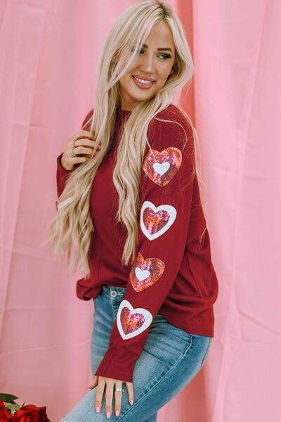 Heart Sequin Round Neck Long Sleeve T-Shirt Women's T-Shirts - Tophatter Daily Deals