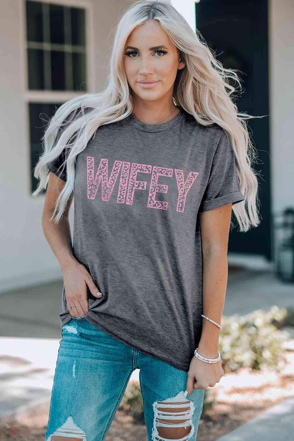 WIFEY Leopard Graphic Short Sleeve Tee Mid Gray Women's T-Shirts - Tophatter Daily Deals