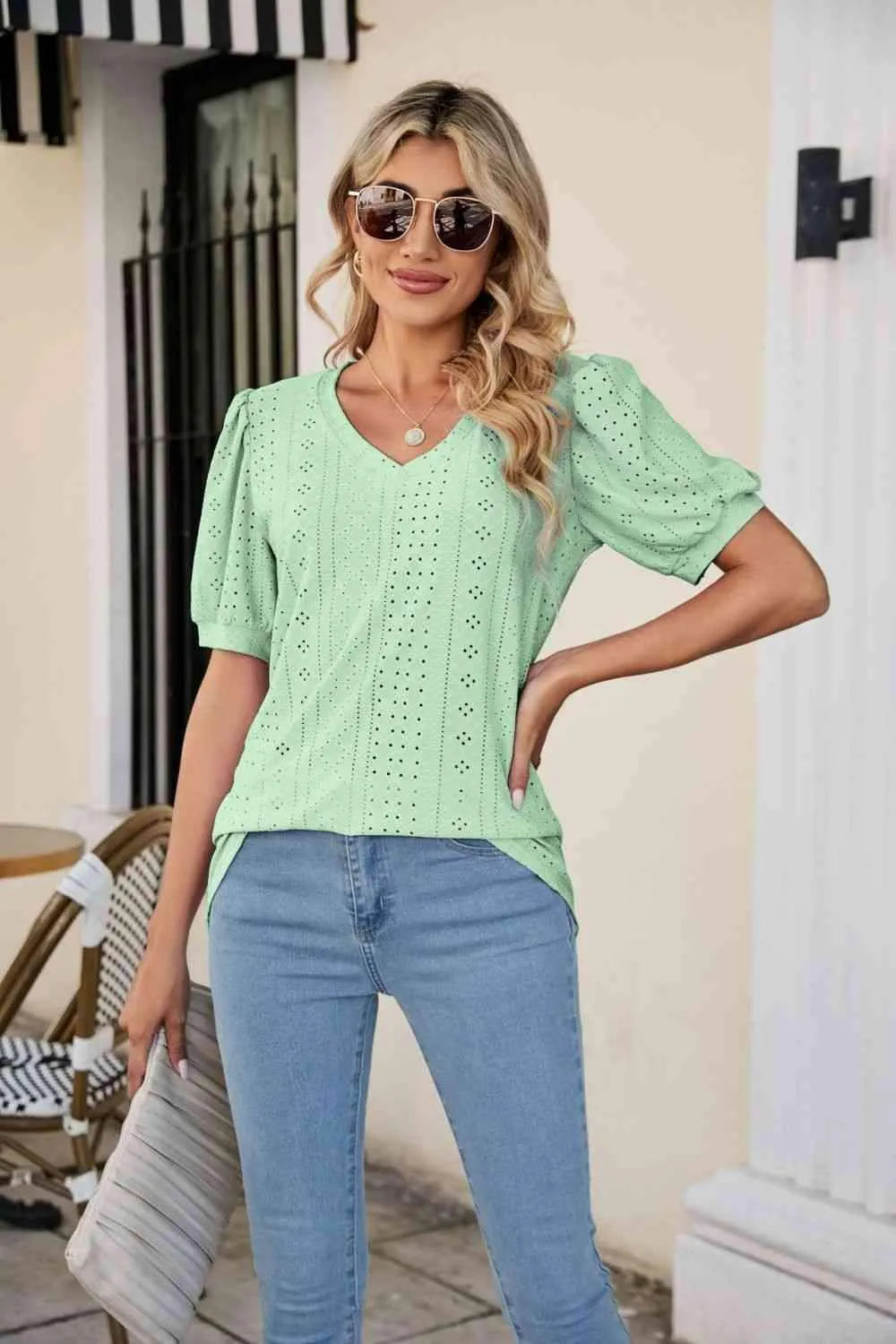 Eyelet Puff Sleeve V-Neck Top Light Green Blouses - Tophatter Daily Deals