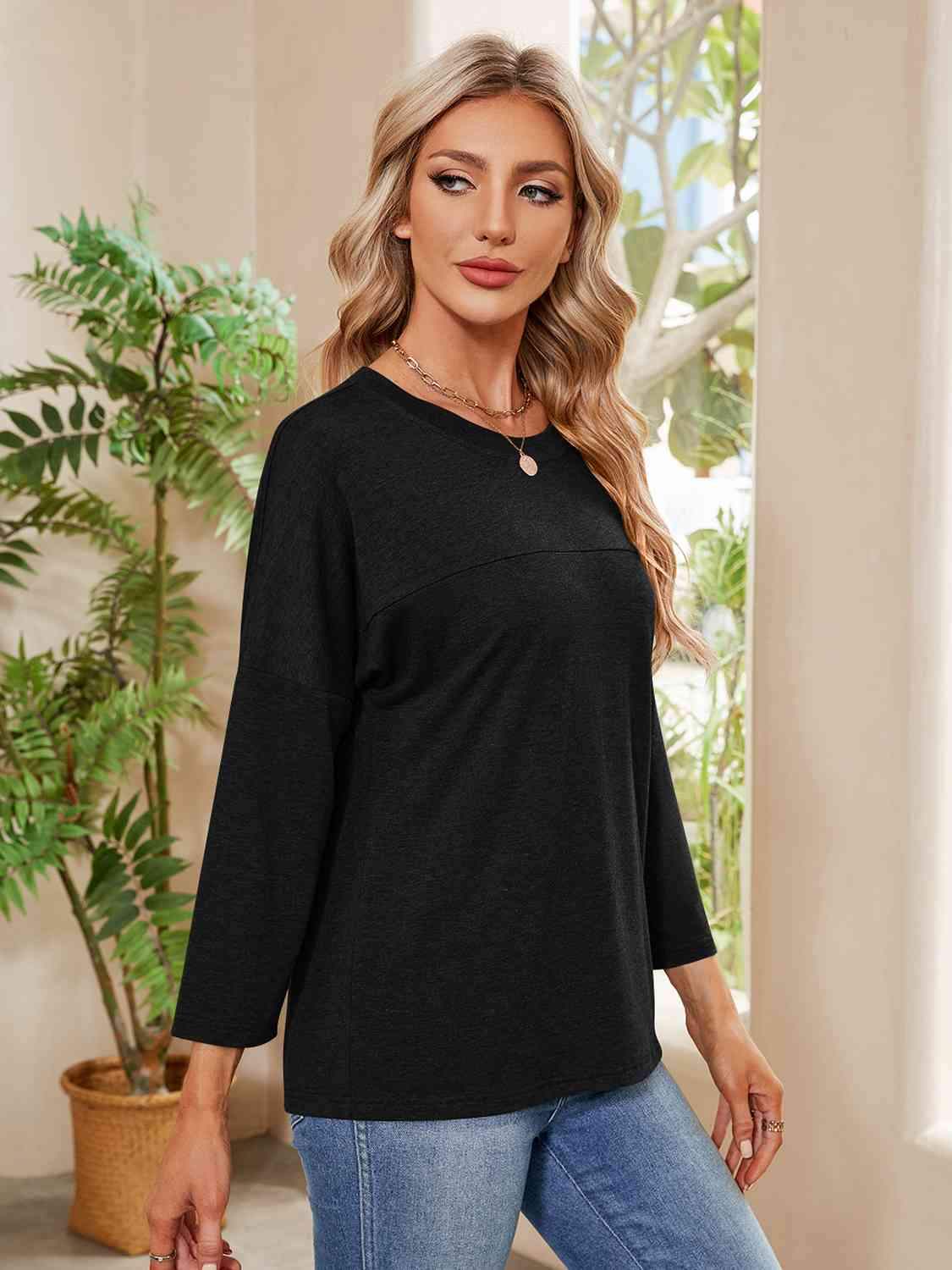 Round Neck Long Sleeve Drop Shoulder Blouse Blouses - Tophatter Daily Deals