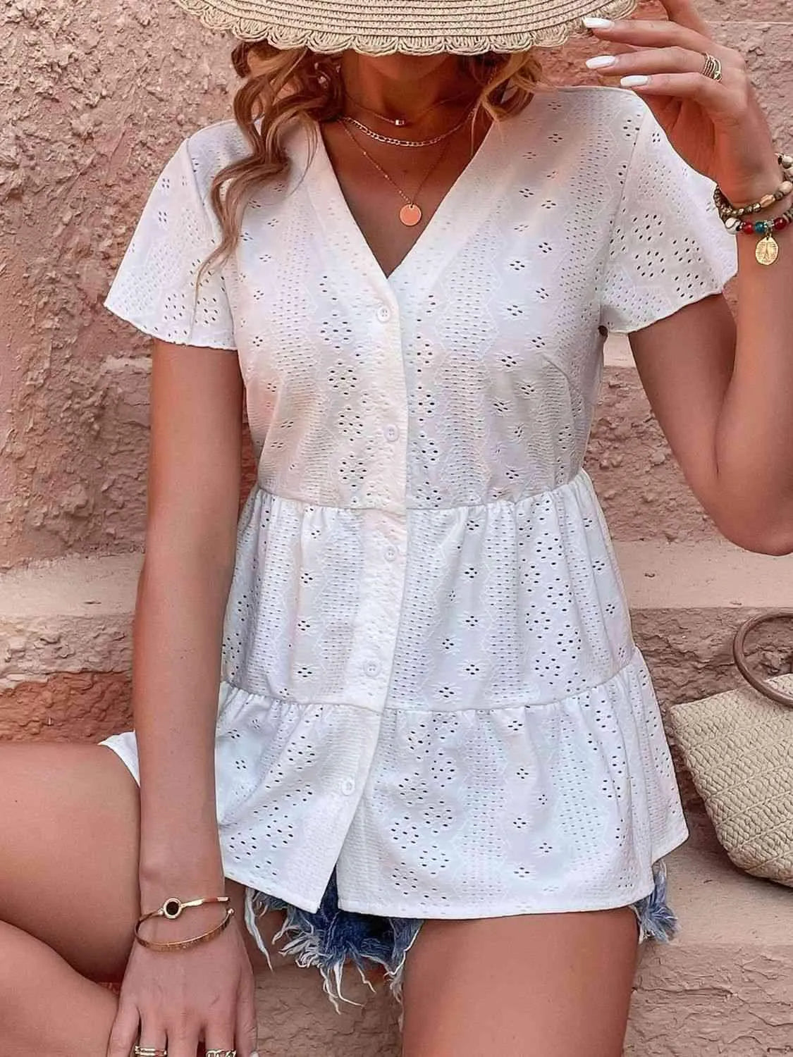 Button Front Eyelet Flutter Sleeve Tiered Blouse Blouses - Tophatter Daily Deals