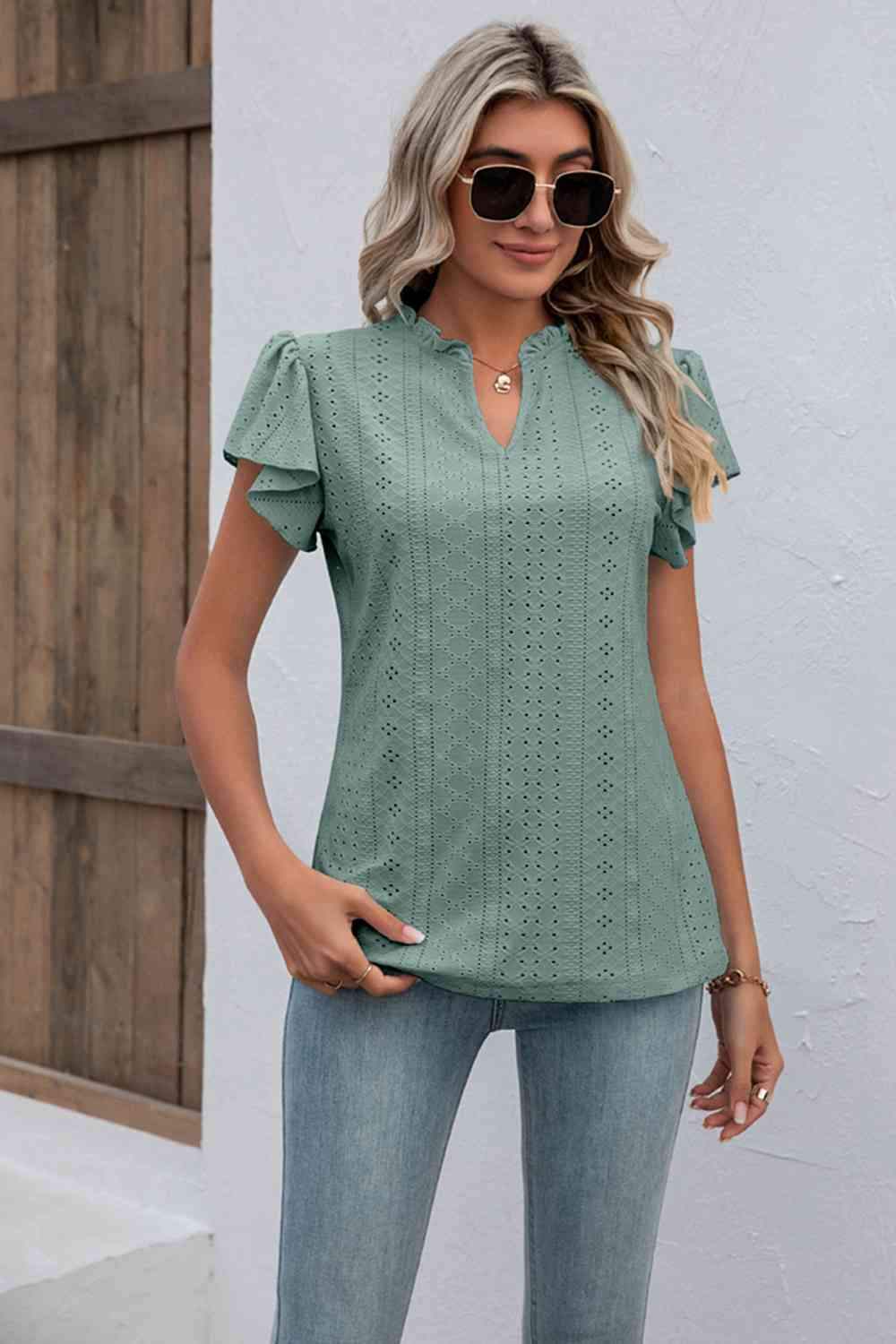 Eyelet Notched Neck Flutter Sleeve Top Gum Leaf Women's T-Shirts - Tophatter Daily Deals