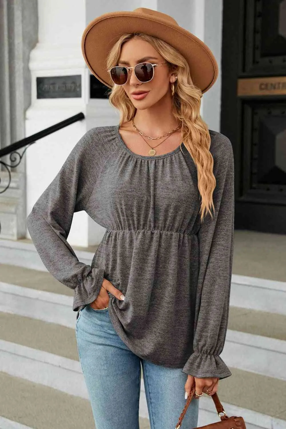 Round Neck Flounce Sleeve Blouse Charcoal Blouses - Tophatter Daily Deals