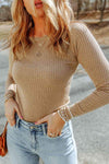 Ribbed Long Sleeve Round Neck Blouse Blouses - Tophatter Daily Deals