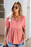 Double Take Buttoned Notched Neck Short Sleeve Top Coral Blouses - Tophatter Daily Deals