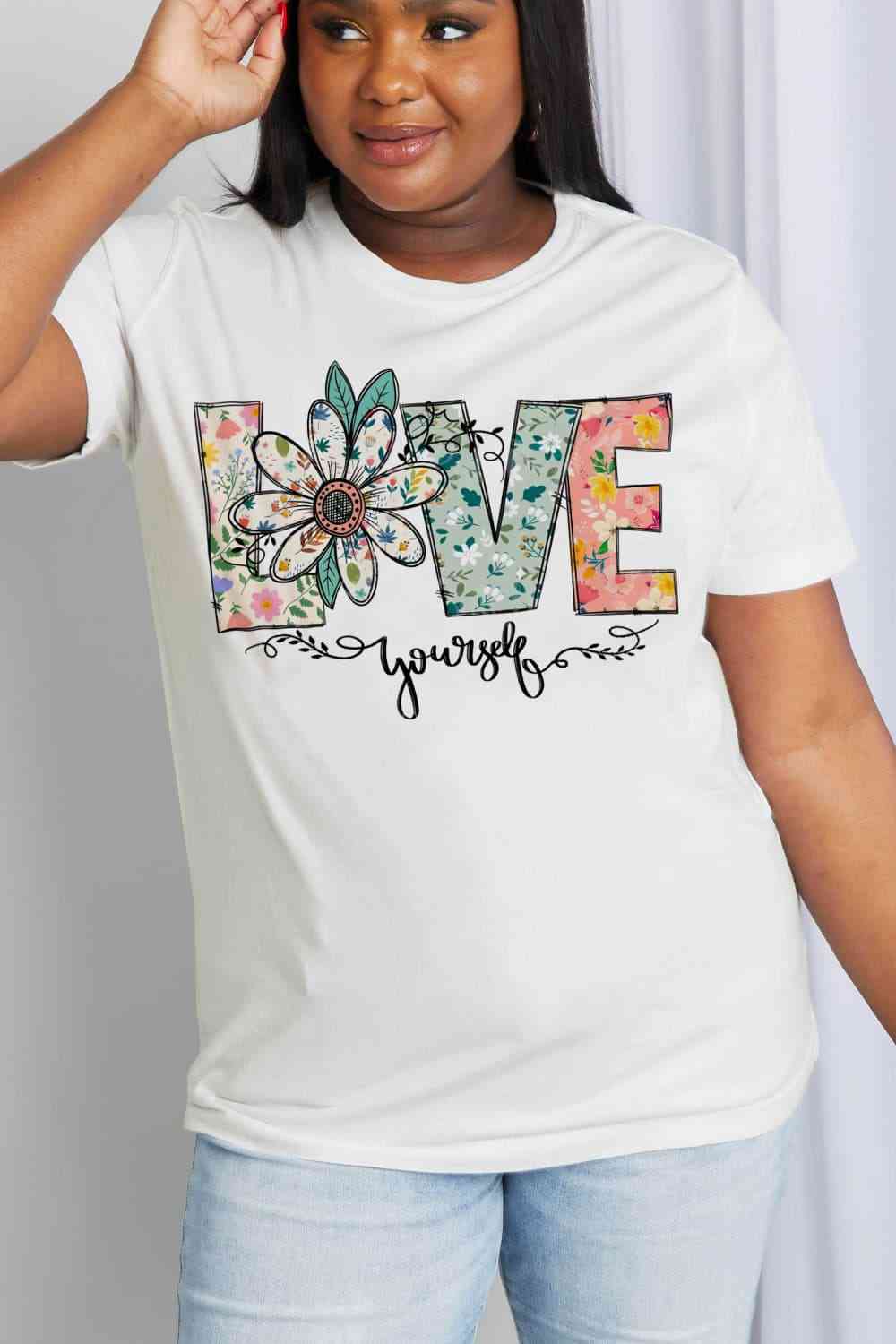 Simply Love Full Size LOVE YOURSELF Graphic Cotton Tee Bleach Women's T-Shirts - Tophatter Daily Deals