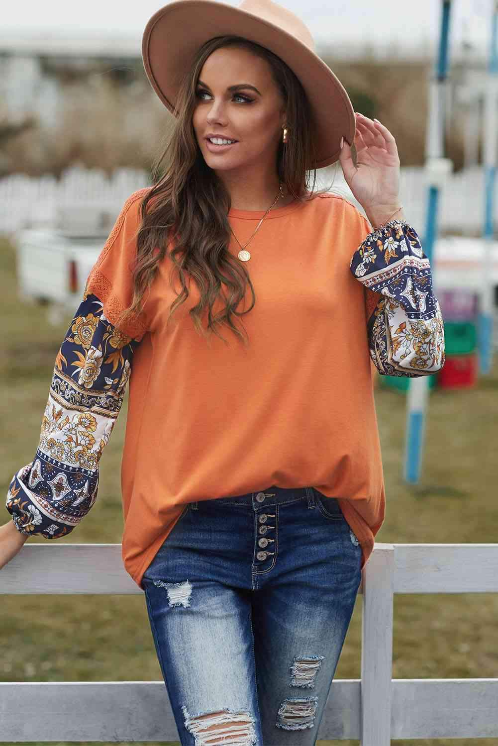 Floral Drop Shoulder Round Neck Top Pumpkin Blouses - Tophatter Daily Deals