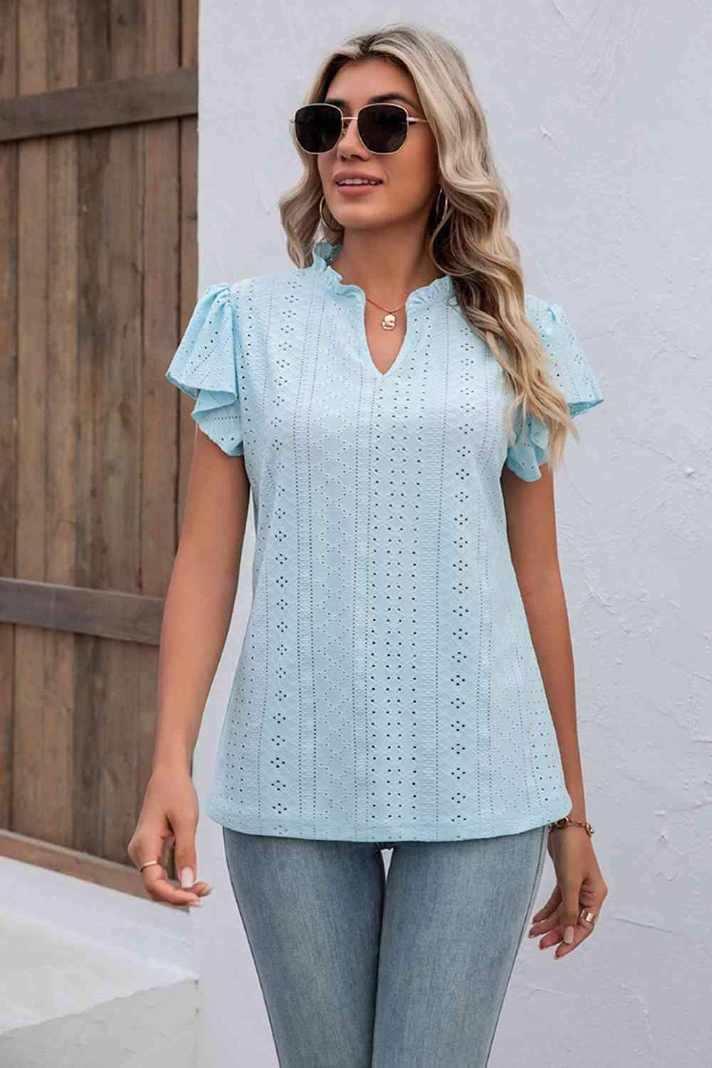 Eyelet Notched Neck Flutter Sleeve Top Women's T-Shirts - Tophatter Daily Deals