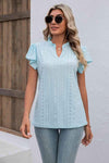 Eyelet Notched Neck Flutter Sleeve Top Women's T-Shirts - Tophatter Daily Deals