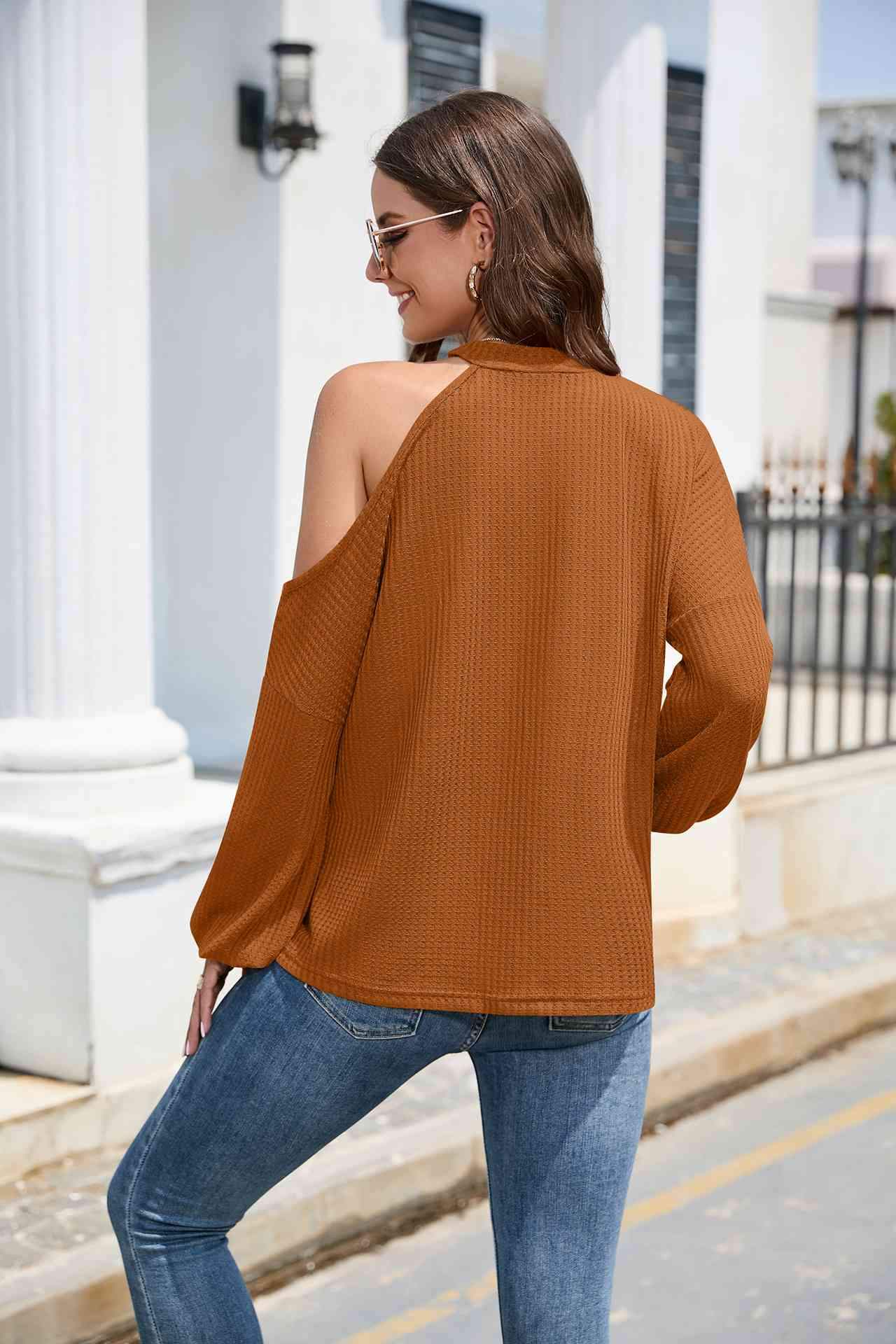 Asymmetrical Lantern Sleeve Waffle-Knit Blouse Blouses - Tophatter Daily Deals