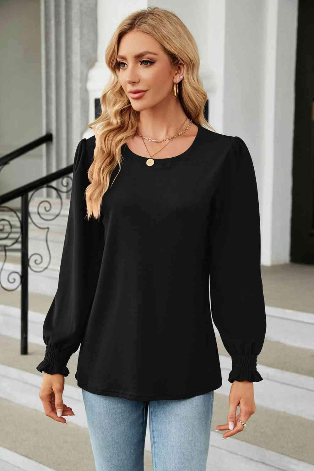 Round Neck Smocked Flounce Sleeve Blouse Blouses - Tophatter Daily Deals