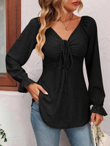 Tie Front V-Neck Puff Sleeve Blouse Black Blouses - Tophatter Daily Deals