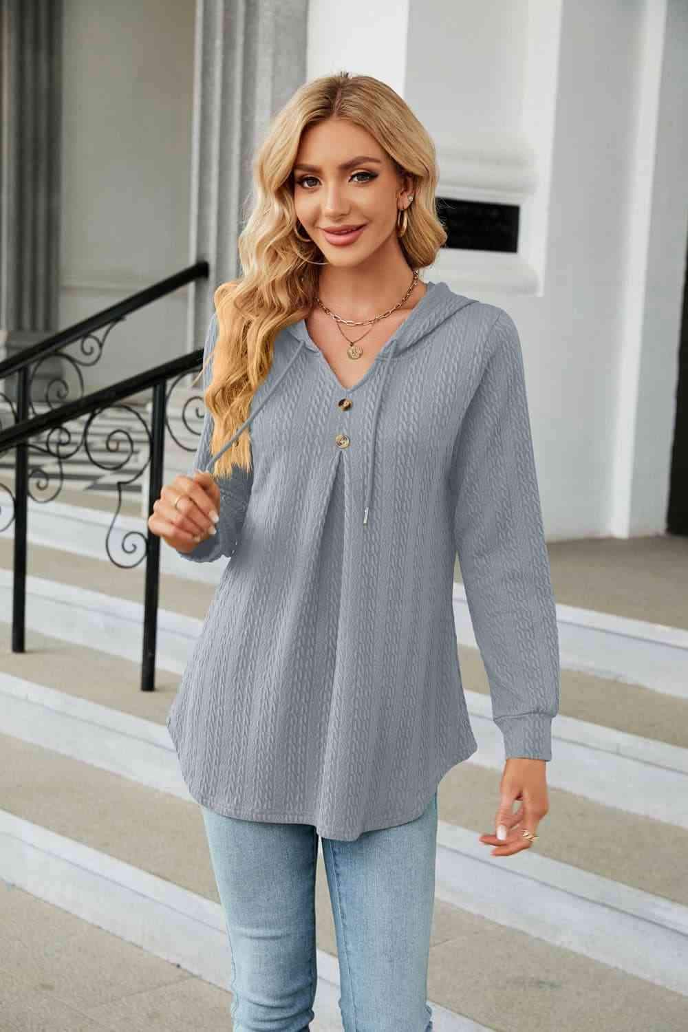 Long Sleeve Hooded Blouse Cloudy Blue Blouses - Tophatter Daily Deals