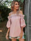 Lace Trim Off-Shoulder Bubble Sleeve Blouse Blouses - Tophatter Daily Deals