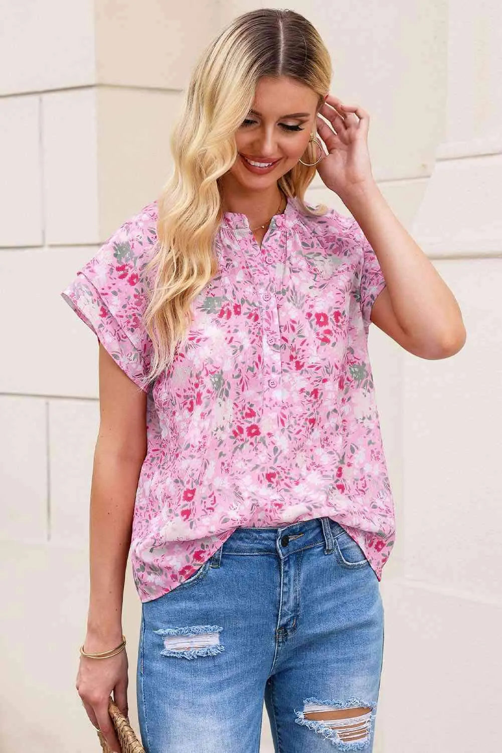 Floral Half-Button Flutter Sleeve Blouse Blouses - Tophatter Daily Deals