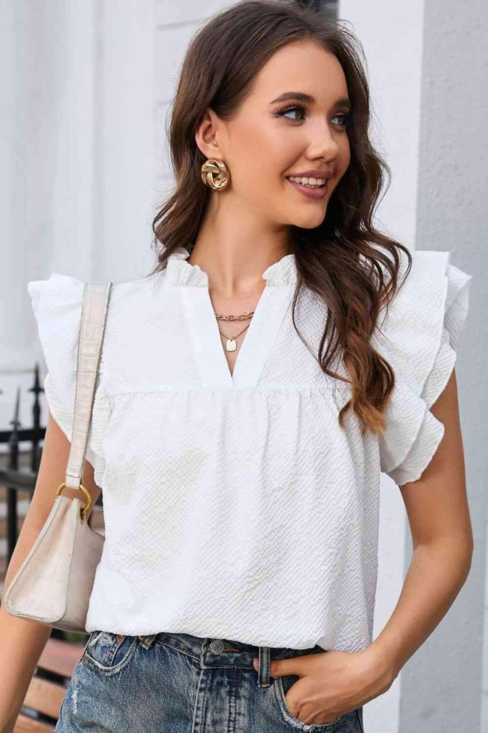 Notched Neck Butterfly Sleeve Blouse White Blouses - Tophatter Daily Deals