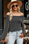 Ribbed Off Shoulder Balloon Sleeve T-Shirt Charcoal Women's T-Shirts - Tophatter Daily Deals