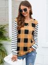 Plaid Striped Round Neck Long Sleeve T-Shirt Tangerine Women's T-Shirts - Tophatter Daily Deals