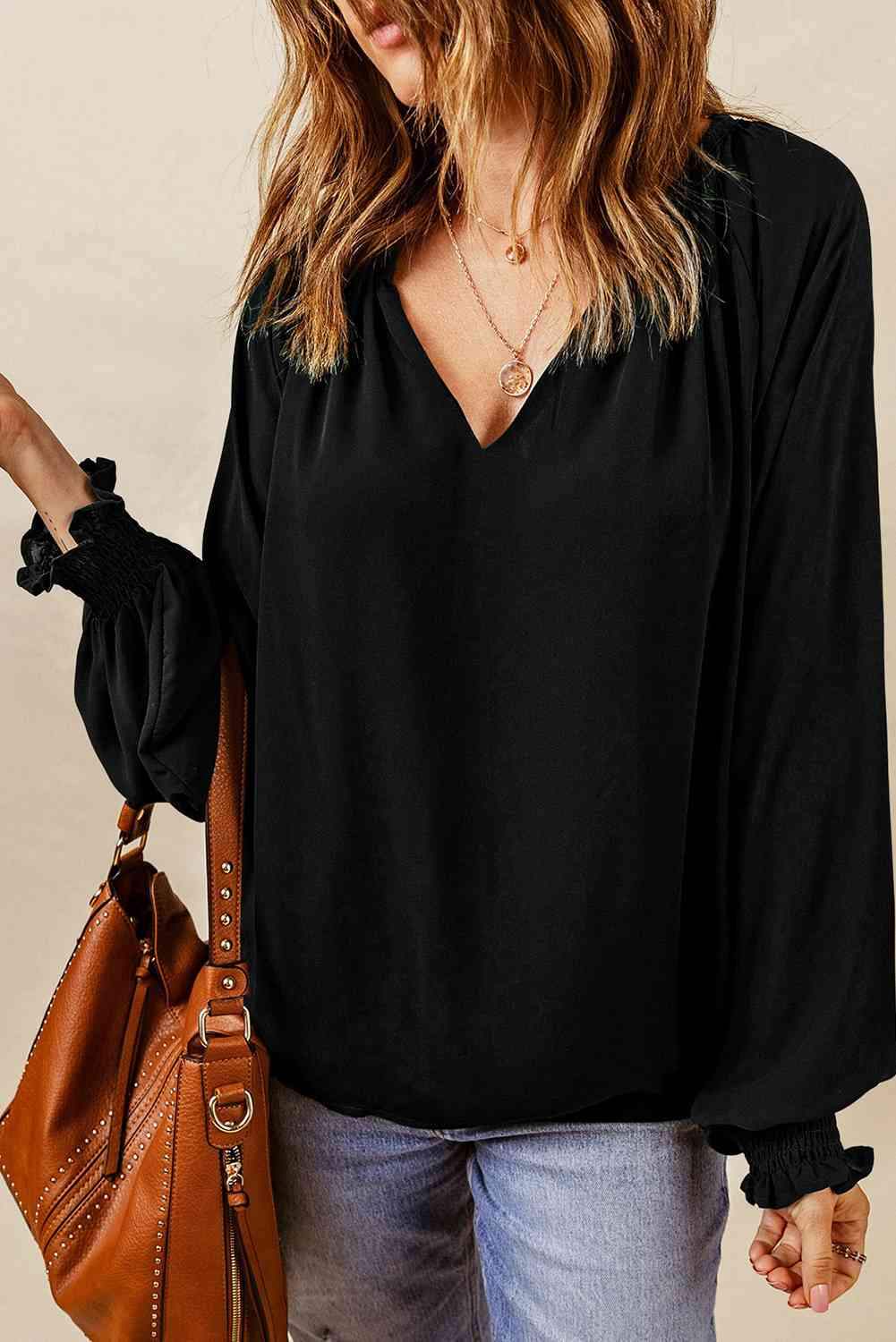 Notched Neck Lantern Sleeve Blouse Black Blouses - Tophatter Daily Deals