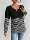 Striped Crisscross V-Neck Long Sleeve T-Shirt Women's T-Shirts - Tophatter Daily Deals