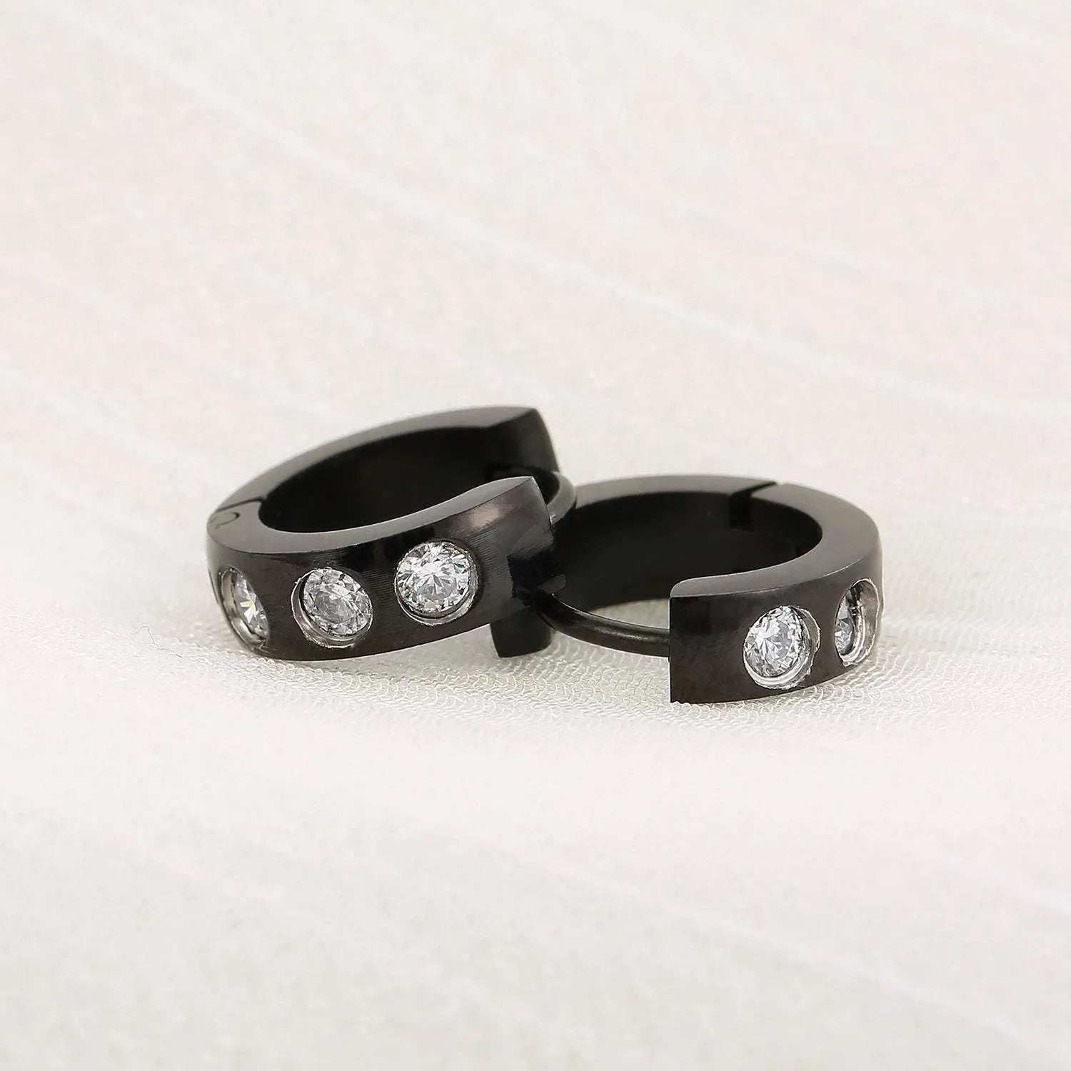 Stainless Steel Rhinestone Huggie Earrings Black One Size Earrings - Tophatter Daily Deals