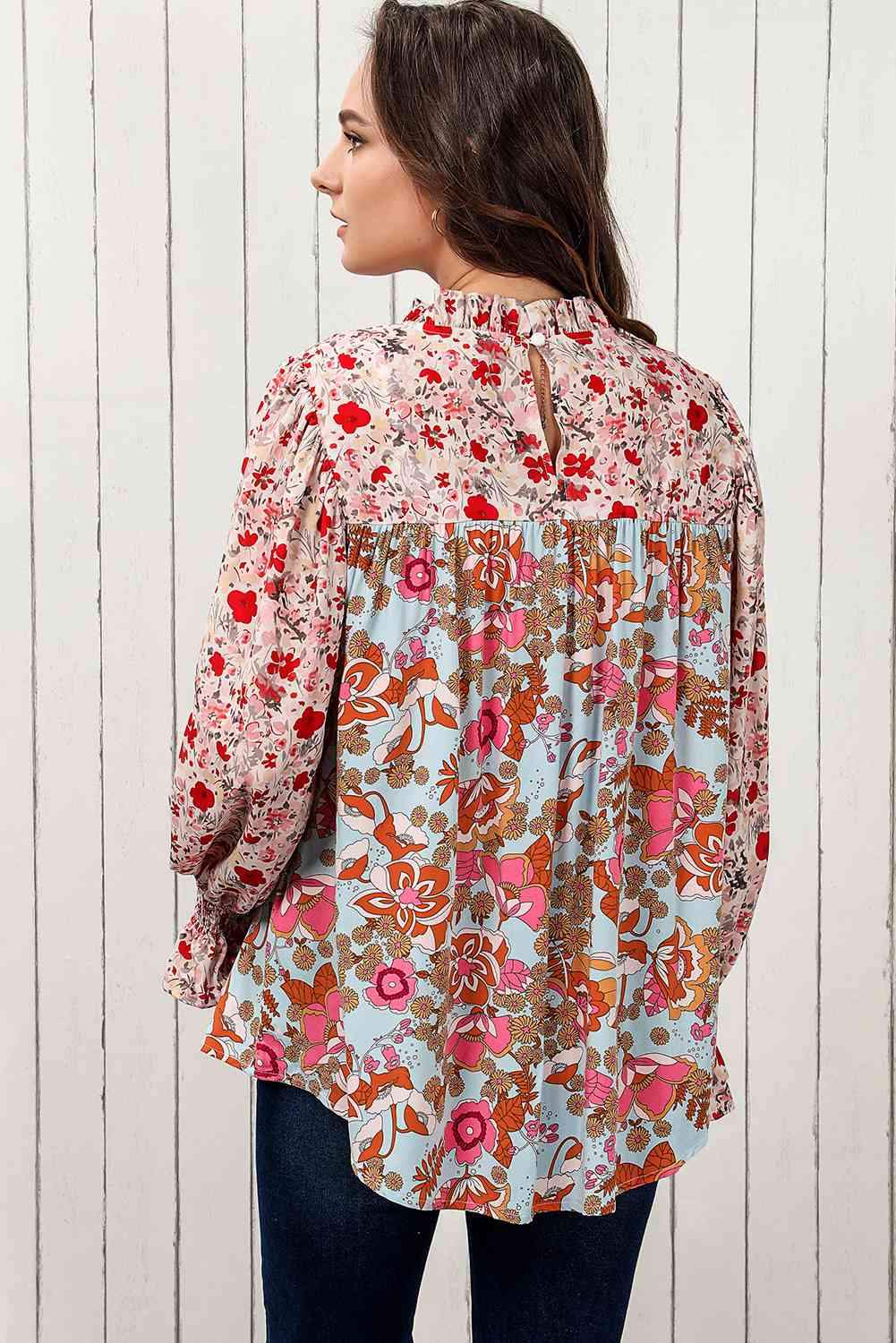 Floral Print Flounce Sleeve Mock Neck Blouse Blouses - Tophatter Daily Deals