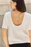 And The Why Pearly White Full Size Criss Cross Pearl Detail Open Back T-Shirt Women's T-Shirts - Tophatter Daily Deals