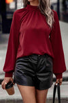 Cutout Gathered Detail Mock Neck Top Red Blouses - Tophatter Daily Deals