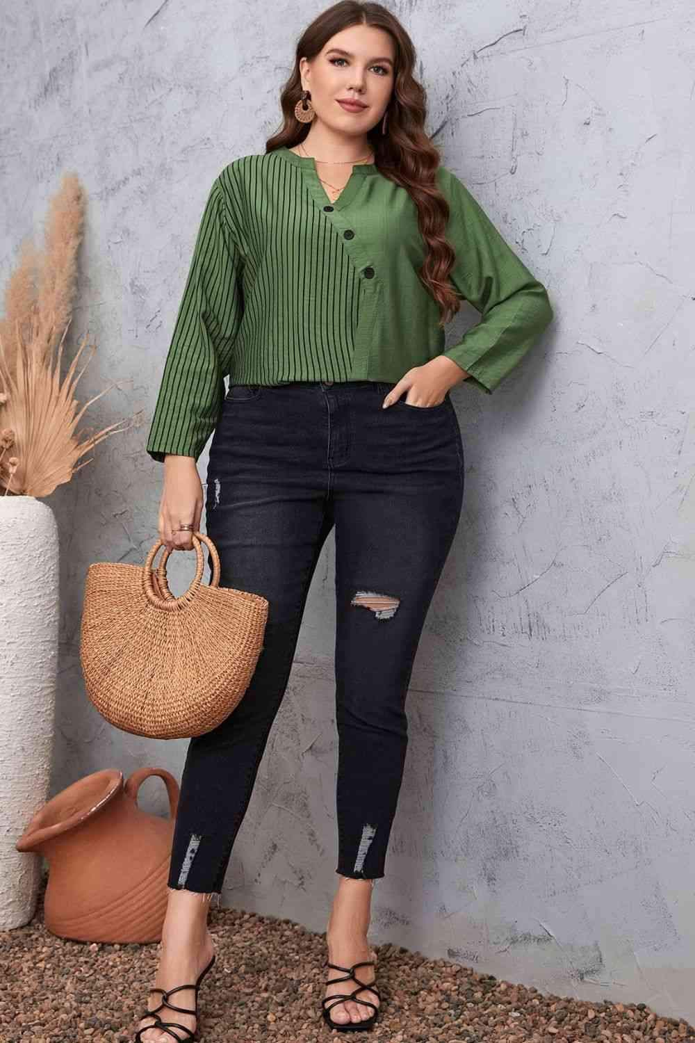 Plus Size Striped Notched Neck Top Blouses - Tophatter Daily Deals